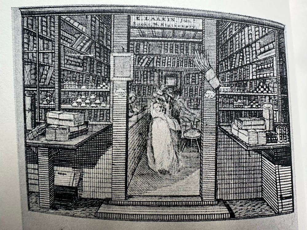 vintage newspaper etched image of bookstore