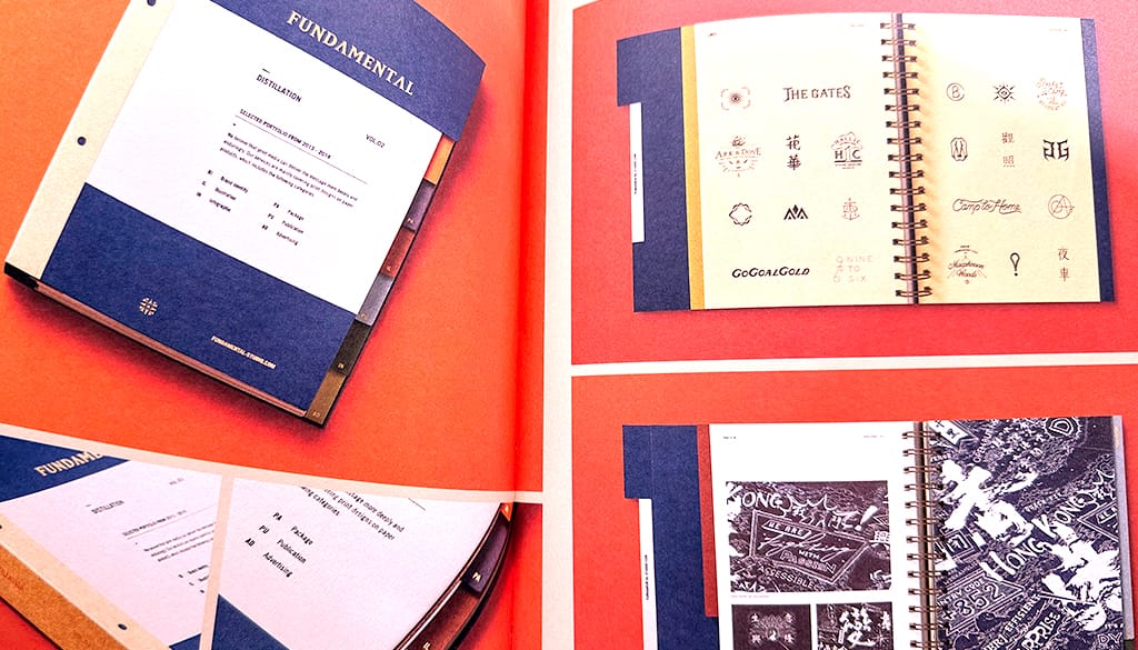 orange interior pages of the book showing more pages from other books